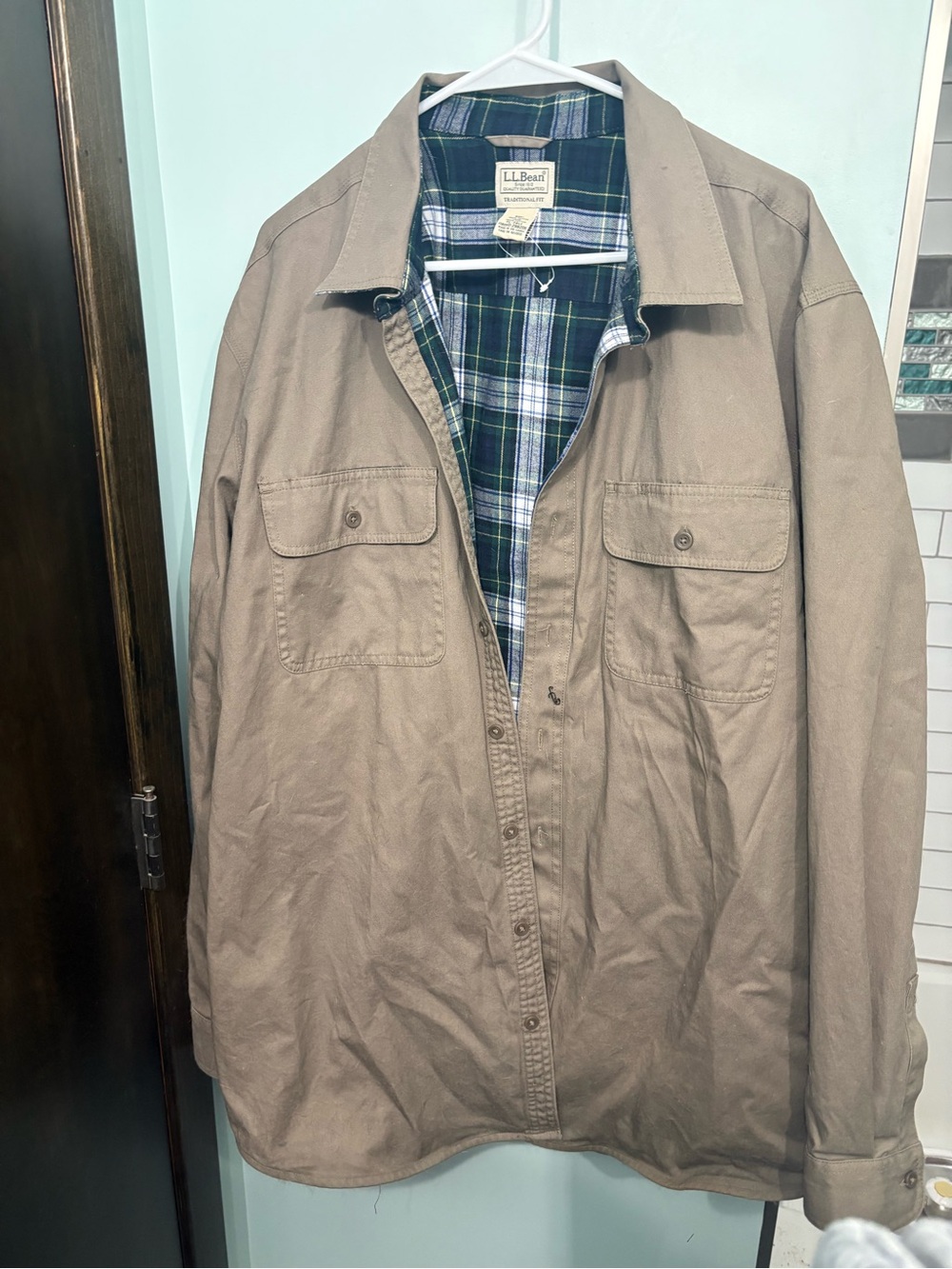 L.L. Bean Men's Brown Canvas Shirt Jacket with Blue-Green Plaid Lining